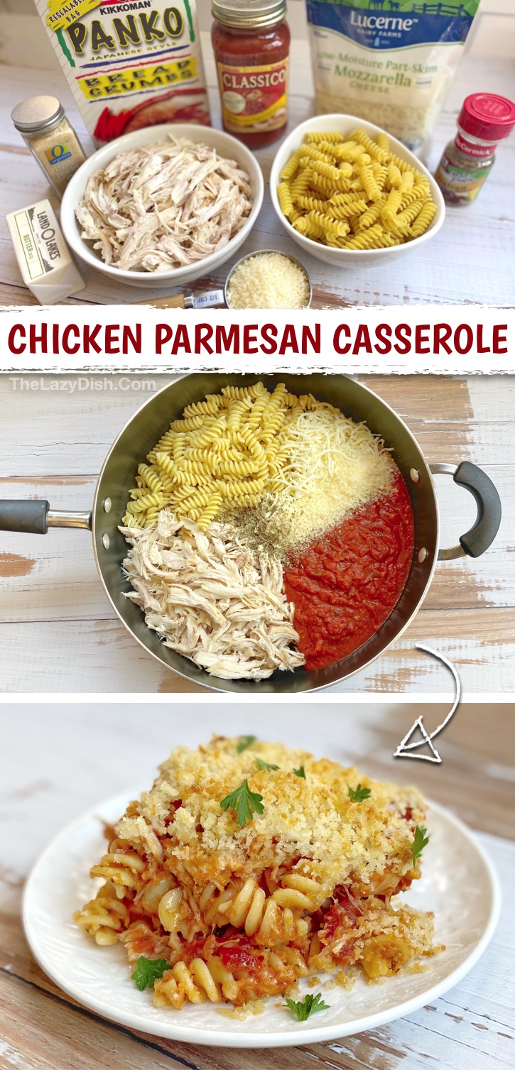 Rotisserie Chicken Dinner Ideas -- Quick & Easy Chicken Parmesan Casserole. The BEST dinner recipe for a family with kids! Great for picky eaters and hungry husbands. Cheap and simple to make with few ingredients. #chicken #dinner #pasta #thelazydish 