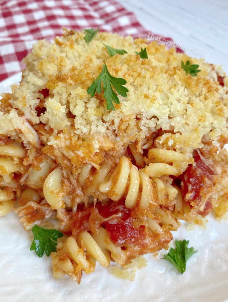 Rotisserie Chicken Parmesan Casserole With Pasta -- Super quick and easy dinner recipe for the family! Kids love this easy main dish.