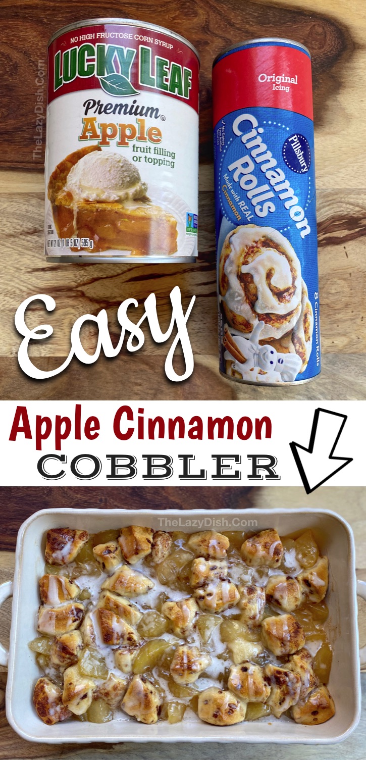 Quick & Easy Apple Cobbler Made With Pie Filling (and cinnamon rolls!) Yes, just 2 ingredients to make this super quick and easy dessert. It's perfect for fall or anytime you're craving cinnamon apples! So easy, even the kids can make it. #falldesserts #cinnamonrolls #pillsbury #thelazydish