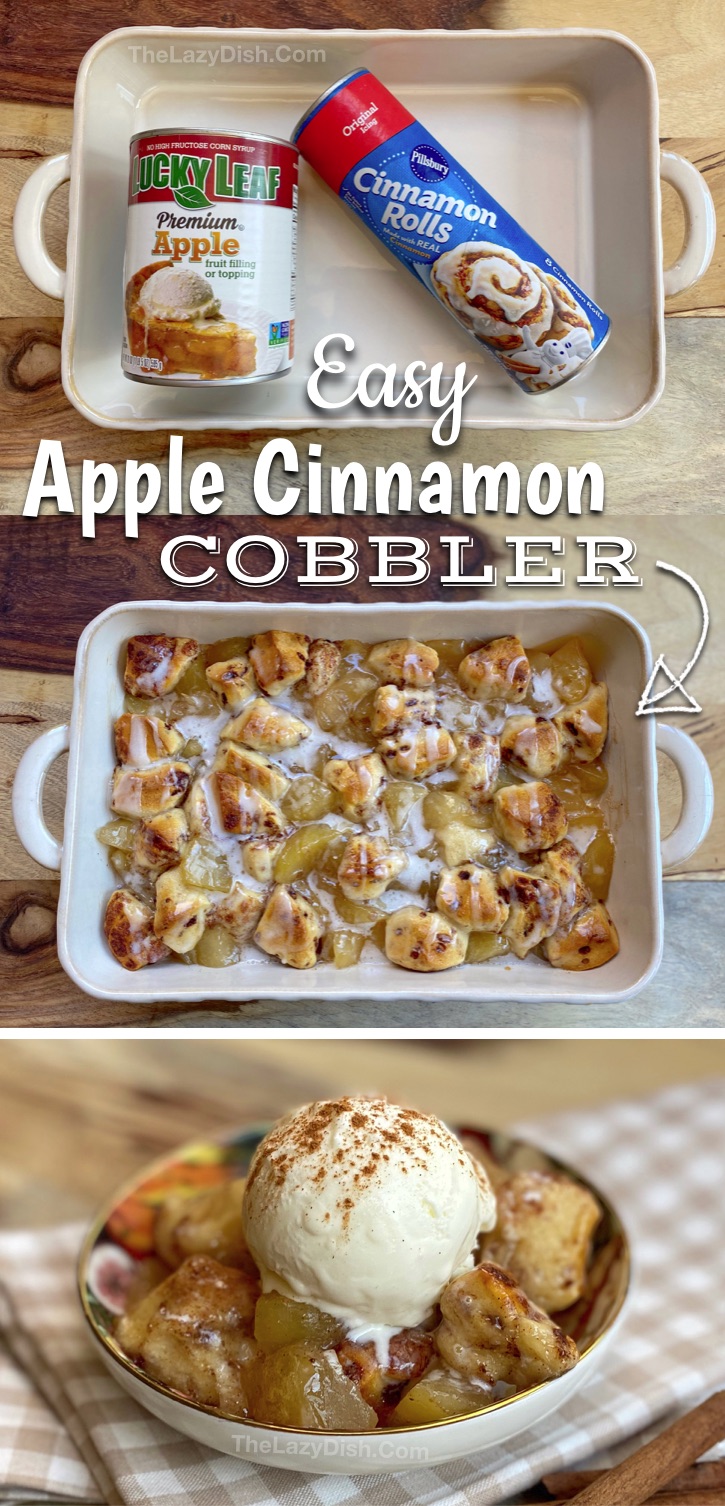 Looking for quick and easy dessert recipes? This homemade cinnamon roll apple cobbler is made with just 2 simple ingredients: apple pie filling and Pillsbury cinnamon rolls! The EASIEST dessert, ever! Top with vanilla ice cream, cause why not? It's perfect for fall or anytime you want a delicious treat. #easydessert #lazyrecipes #thelazydish #2ingredients