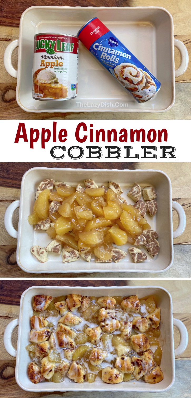 Easy Homemade Apple Cobbler (made with cinnamon rolls and pie filling!). Just 2 ingredients to make this quick and easy dessert recipe. The entire family will love it! Serve with vanilla ice cream. Yum. So cheap and simple to make. #pillsbury #thelazydish #easydesserts #2ingredients