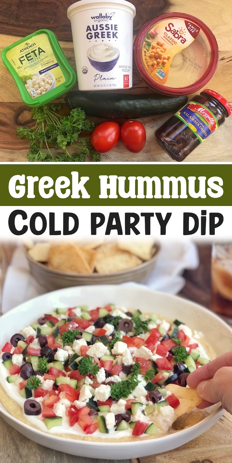 This cold make ahead dip is a crowd pleaser for parties, potlucks, pool parties, family gatherings, and backyard bbqs! So easy to make with just a few fresh and healthy ingredients. Serve with pita chips or naan for the most delicious finger food party appetizer!