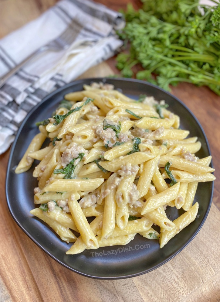 20 Minute Creamy Garlic & Sausage Pasta (Quick & Easy Dinner Recipe!)