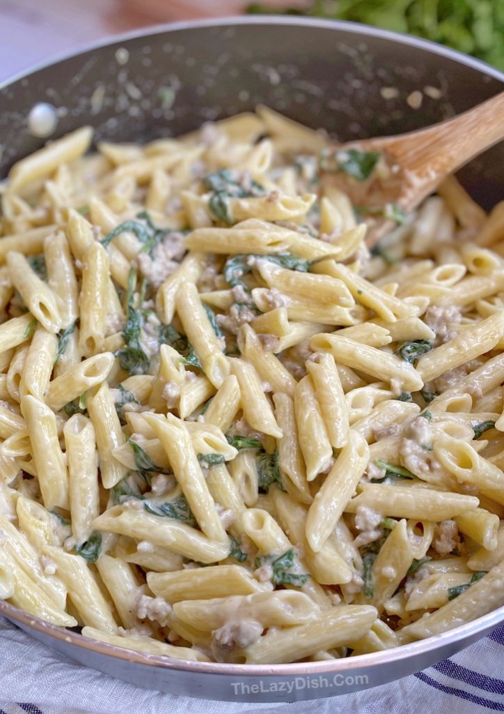 20 Minute Creamy Garlic & Sausage Pasta (Quick & Easy Dinner Recipe!)