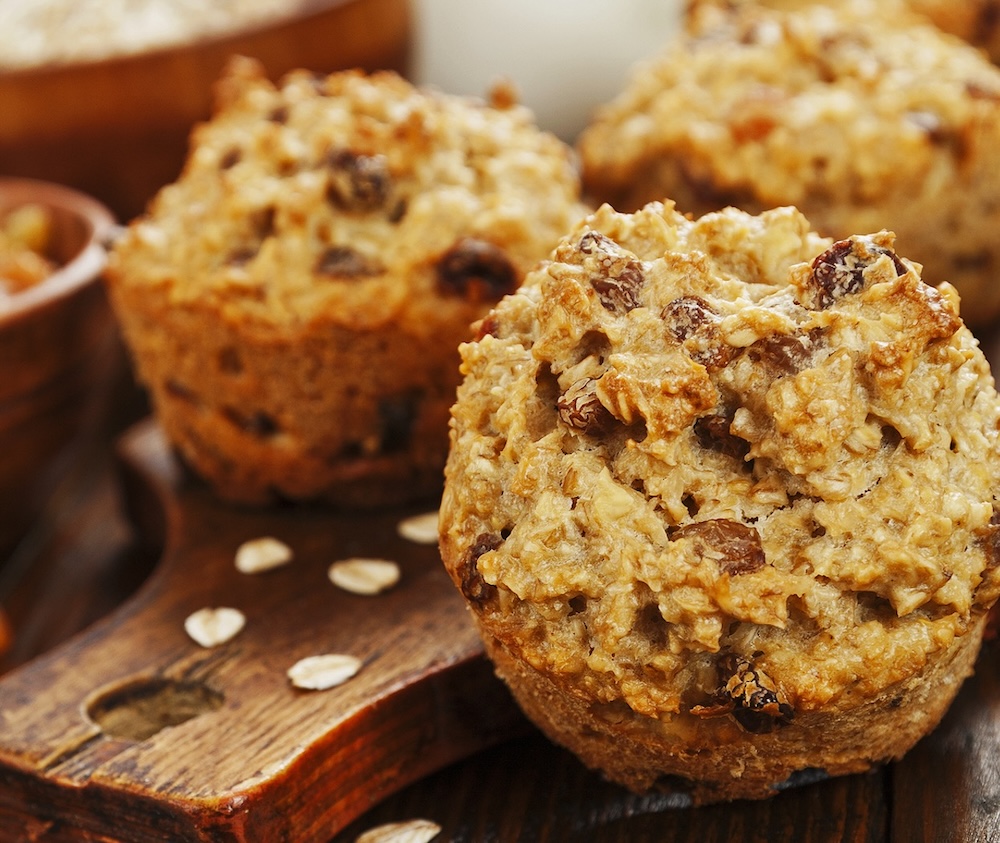 Delicious cake mix muffins made with oats and raisins.