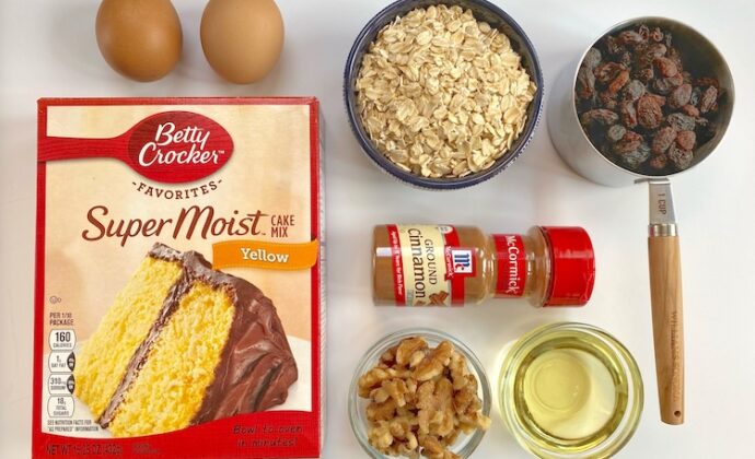 Easy oatmeal raisin muffins made with a box of Betty Crocker yellow cake mix!