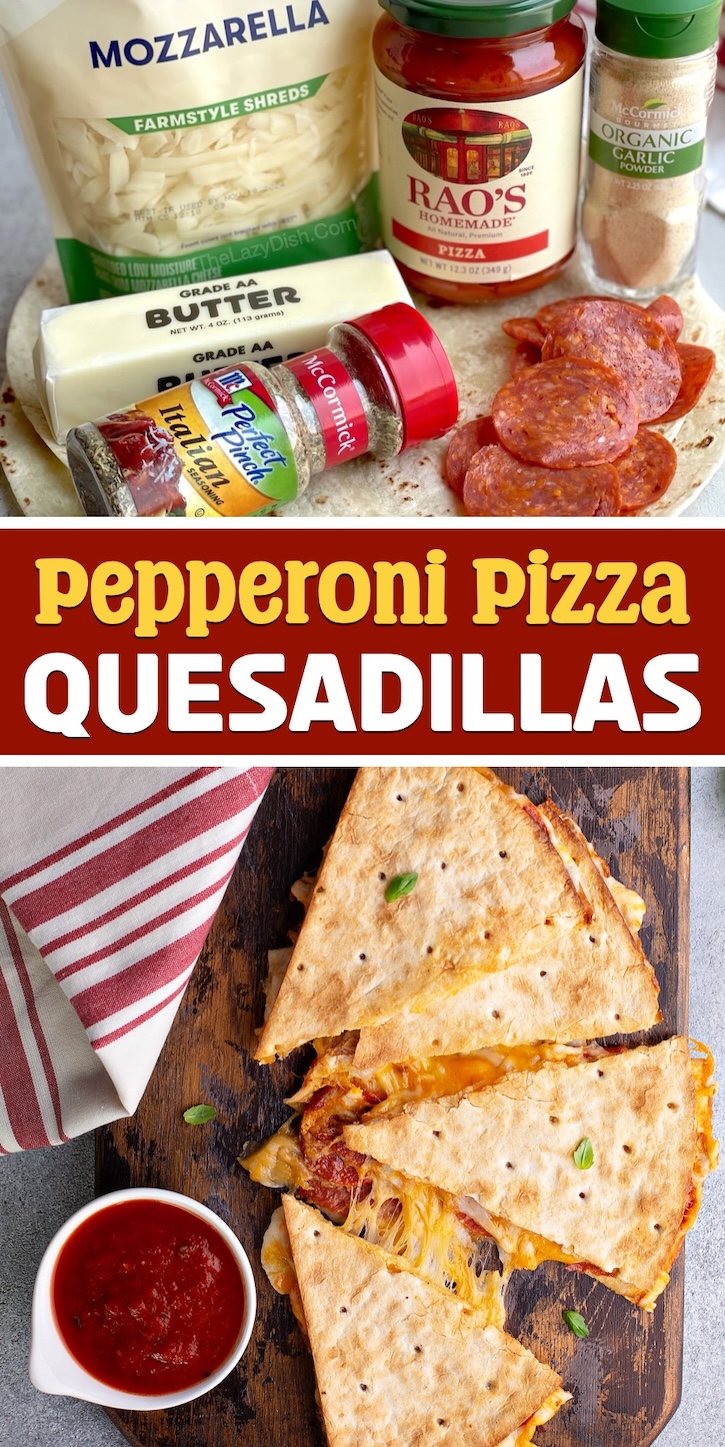 How to make pizza quesadillas for dinner tonight! This easy pepperoni dinner idea is great for a family with picky eaters. So simple to throw together last minute and you can toss in any of your favorite pizza toppings! My kids love pepperoni and olives. Dip in pizza sauce for a tasty weeknight meal. 