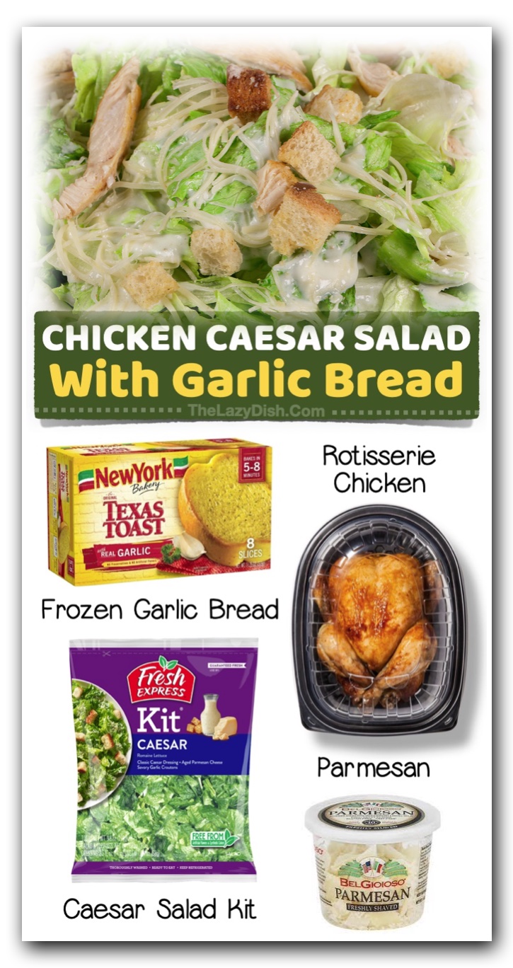 Rotisserie Chicken Caesar Salad with Garlic Bread | Super fast to make on busy weeknights when you're feeling tired and lazy! My kids actually love this salad, and it only takes a few minutes to toss together. Serve with garlic bread for a filling meal everyone will love. 