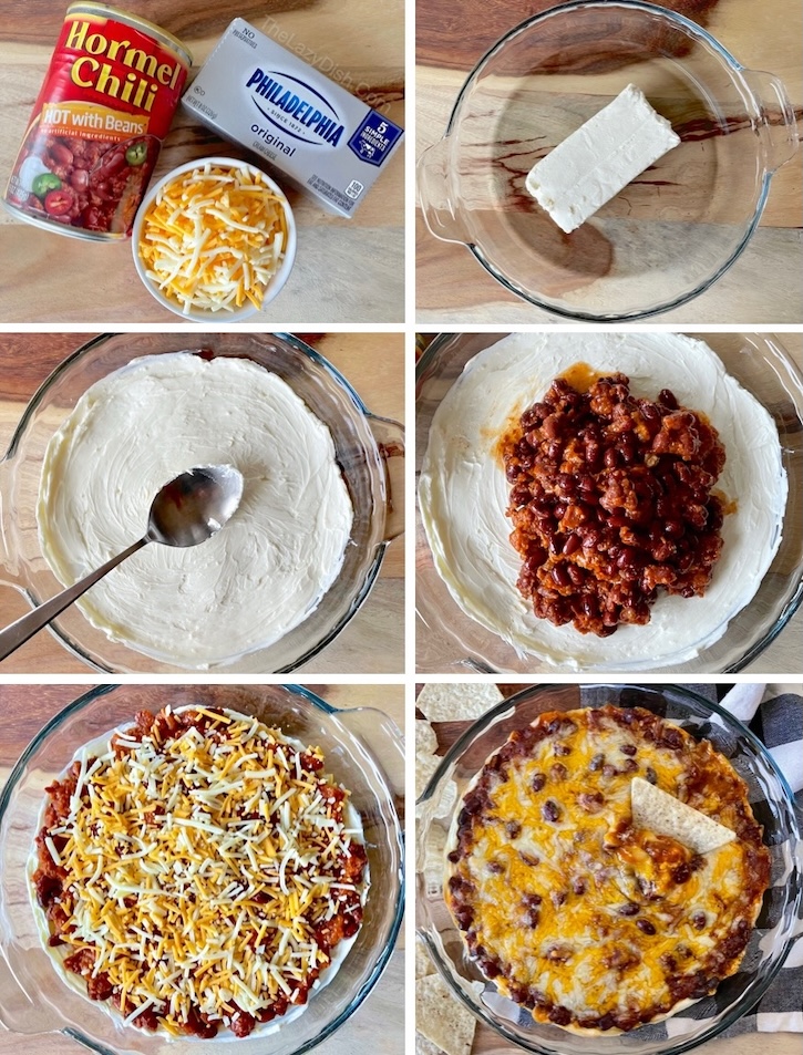 This delicious cream cheese dip is simple to prepare with just a few ingredients including cream cheese, a can of chili, and shredded cheese. A real crowd pleaser with minimal effort! Serve with your favorite bag of tortilla chips and watch as everyone licks their plates clean. If you're looking for quick and easy party food ideas, this appetizer is about as lazy as it gets. 