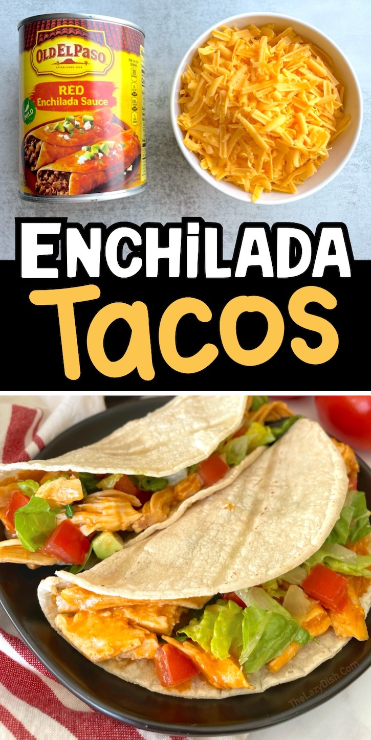 This slow cooker chicken dinner recipe only requires 3 ingredients to make the chicken! A can of enchilada sauce, cheddar cheese, and a few chicken breasts. Serve in tortillas to make easy shredded chicken tacos along with your favorite toppings. A great dump and bake meal for busy weeknight dinners! My kids love this simple recipe. 