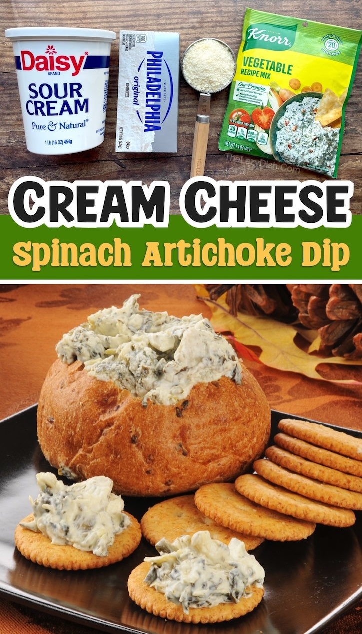 How to make an easy spinach artichoke dip with cream cheese and sour cream. No Mayo! This delicious appetizer is a crowd pleaser at parties. Easy to make ahead of time with simple ingredients. 