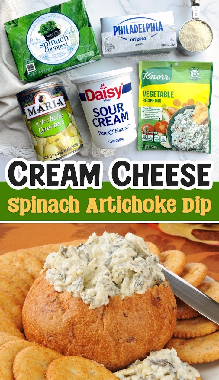 Quick and easy make ahead cream cheese dip made with spinach and artichokes! Serve this crowd pleasing appetizer for parties, family gatherings, and potlucks. It's easy to make ahead with simple ingredients including cream cheese, sour cream, and Knorr vegetable seasoning mix.