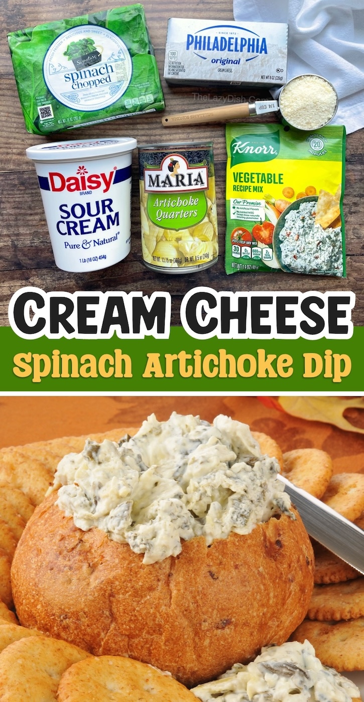 Easy Cold Spinach Artichoke Dip Appetizer For Parties | Make this cream cheese dip for your next little shindig! It's easy to make ahead of time and serve with bread, crackers, or tortilla chips. 