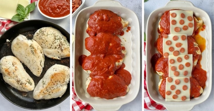 Easy baked chicken dinner idea made with pizza sauce, cheese, and pepperoni. A gluten free low carb meal for the whole family!