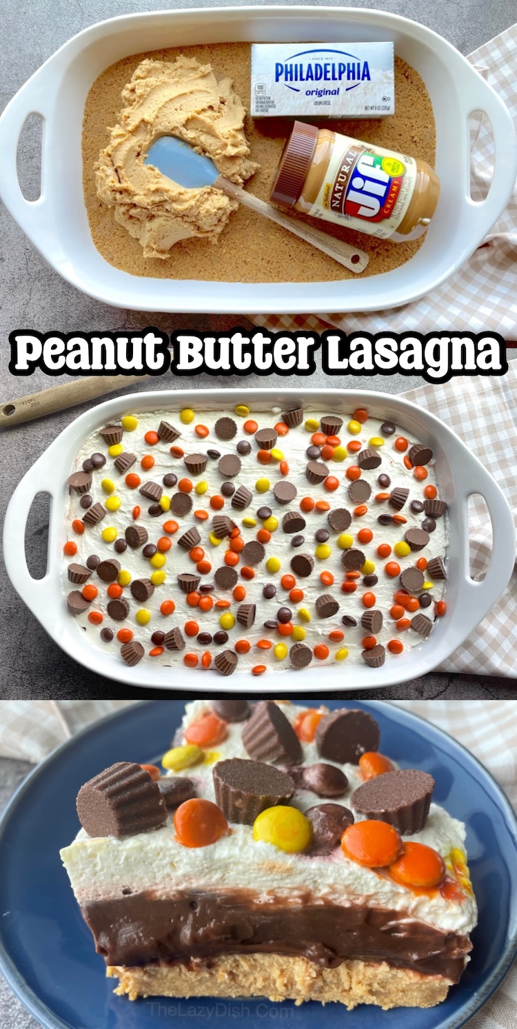 If you're looking for easy dessert recipes to make for a party, you've got to try this cold layered peanut butter lasagna! A simple and delicious make ahead treat for birthday parties and special events. Seriously, the best peanut butter dessert!