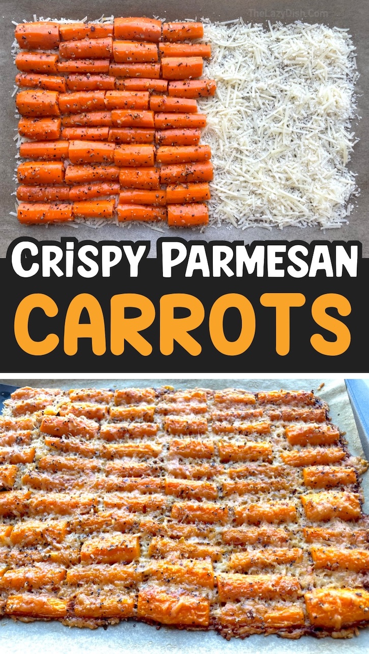 Roasted carrots tossed with olive oil and seasoning on a bed of parmesan cheese to make the best oven cooked carrots side dish for dinner. Easy, delicious, and family approved! If you're looking for veggie side dish recipes, try making these carrots for dinner tonight. 