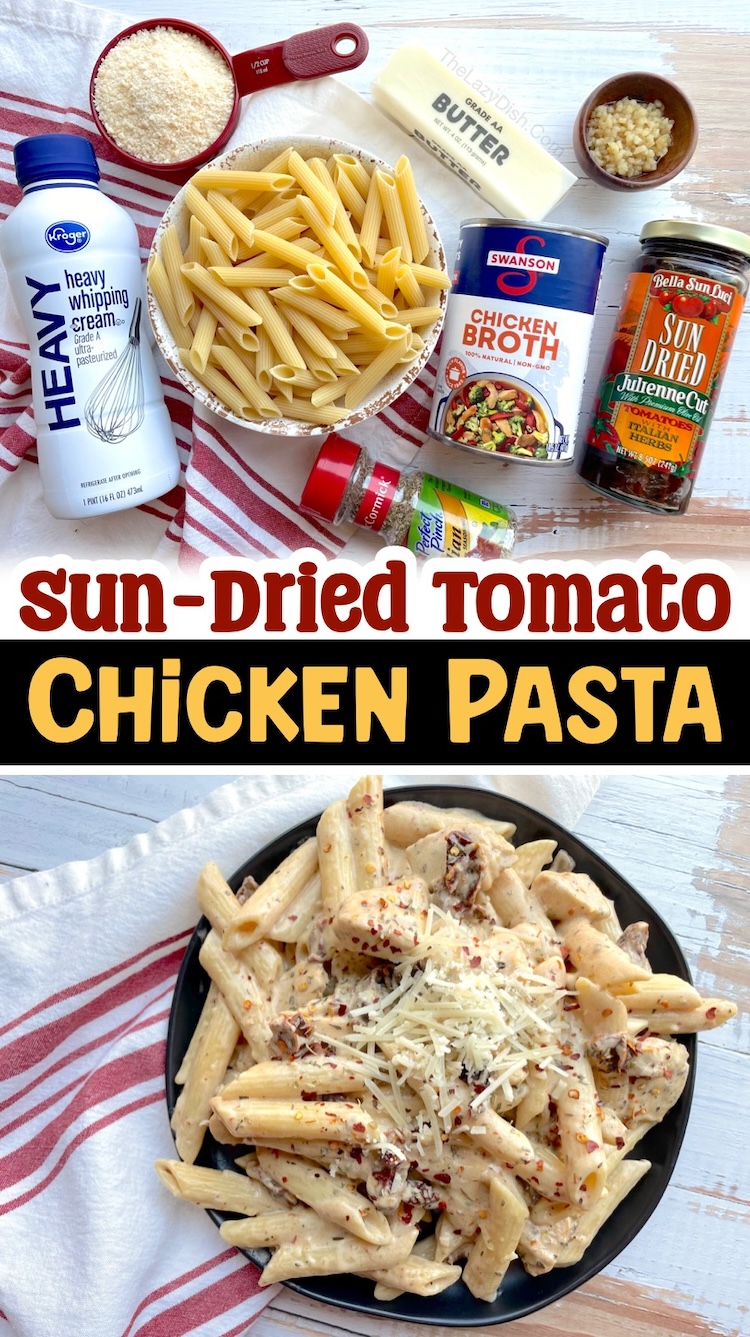 Looking for easy chicken dinner recipes to make for your family? Try this creamy sun dried tomato pasta! It has become a family favorite meal that we always have on the dinner menu. Serve this main dish with a side of veggies or salad to make it healthy. My kids go crazy for this yummy dinner idea!