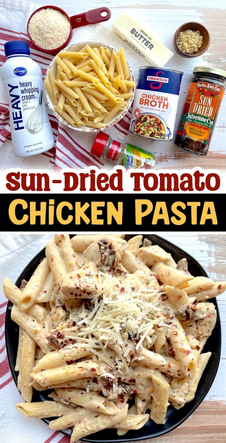Do you have a family with picky eaters to feed? I'm always looking for easy dinner recipes that my kids will actually eat, and this creamy sun dried tomato chicken pasta is a family favorite meal! The best comfort food you'll ever eat. It feeds a family of 6 or you can enjoy it for lunch or dinner again the next day. 