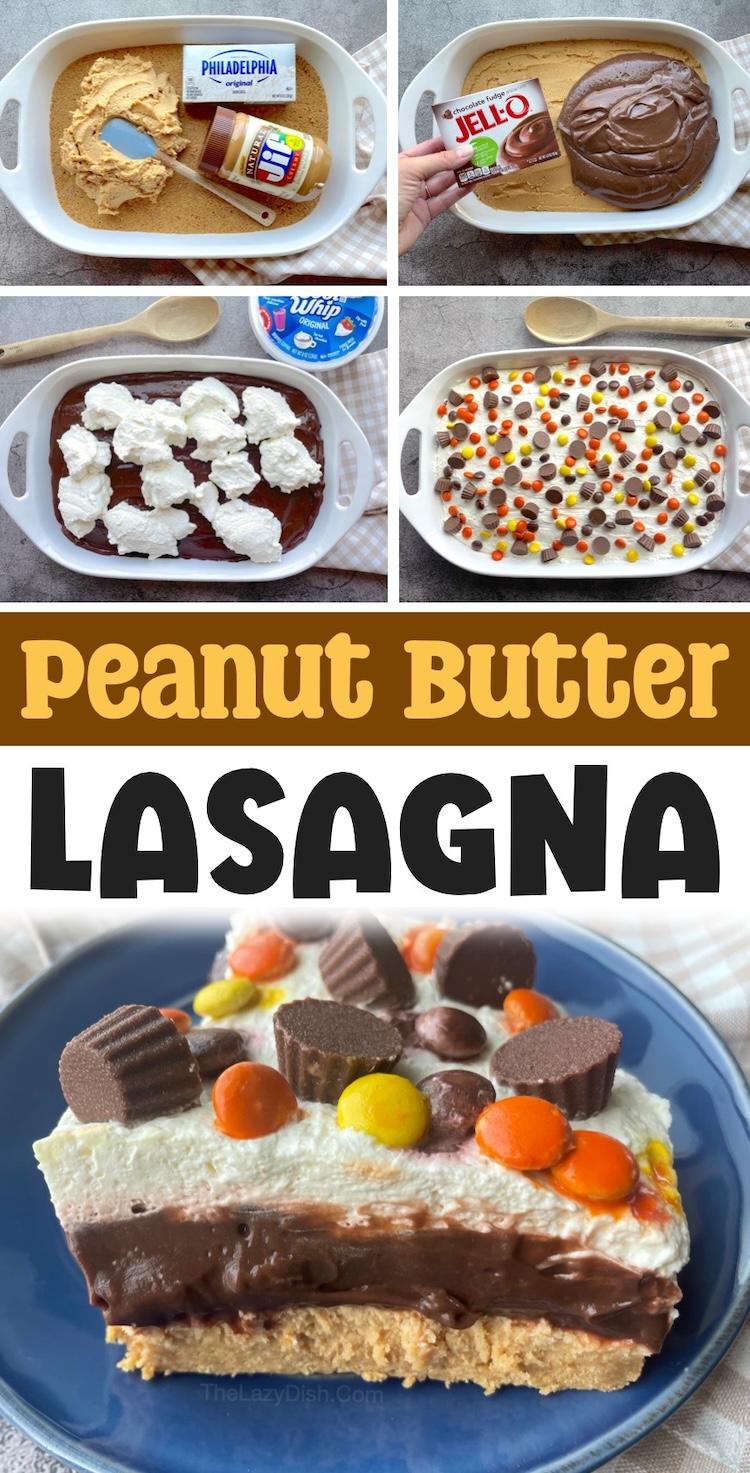 Chocolate Peanut Butter Lasagna is a layered cold desert made with a Nutter Butter cookie crust, peanut butter cheesecake layer, chocolate pudding, Cool Whip topping, and candy to finish it off. An impressive no bake dessert recipe for parties! A real crowd pleaser for special occasions. 