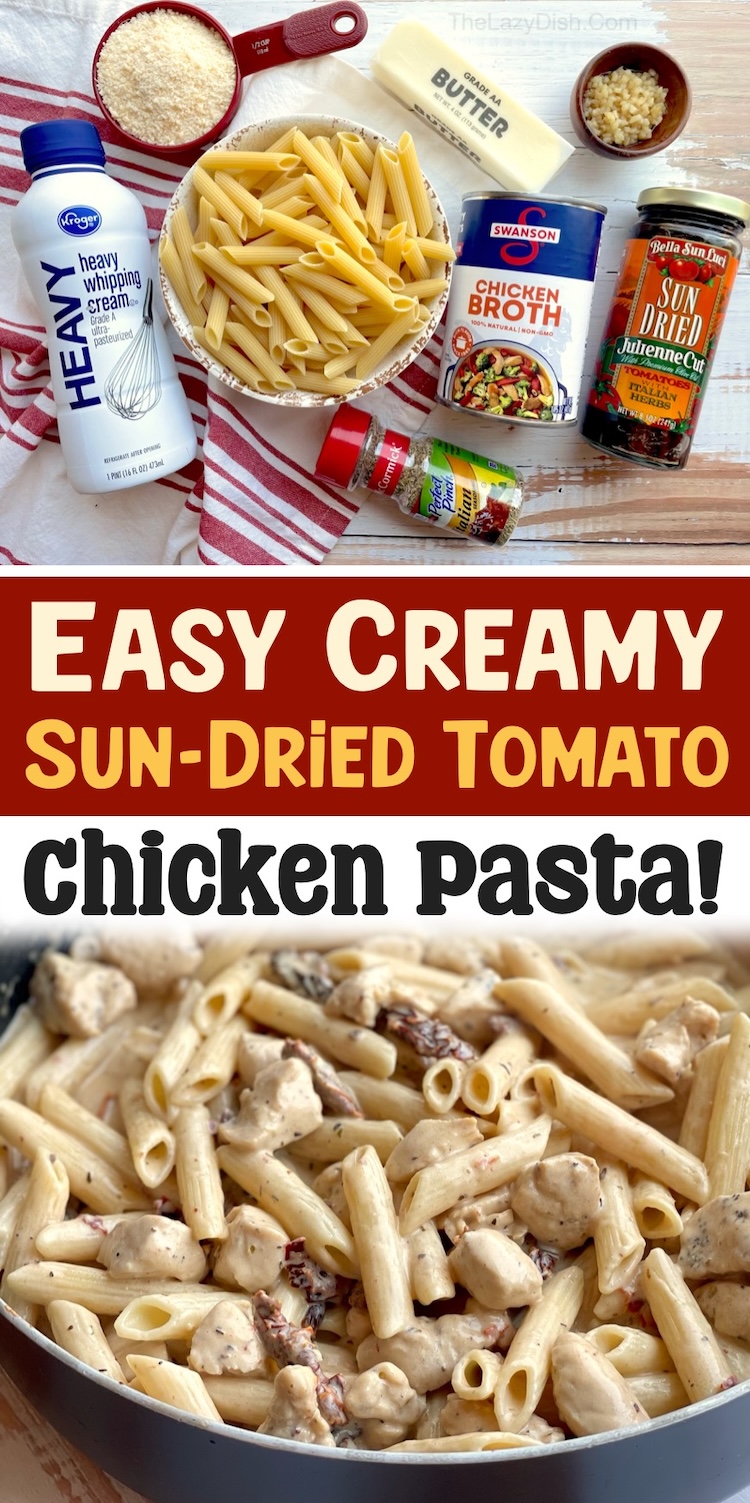 If you're looking for easy and delicious chicken pasta dinner ideas, you've got to try this amazing creamy sun dried tomato recipe! The sauce is made with heavy cream, butter, parmesan, and sun dried tomatoes, making for an amazing dinner your picky family will love. 