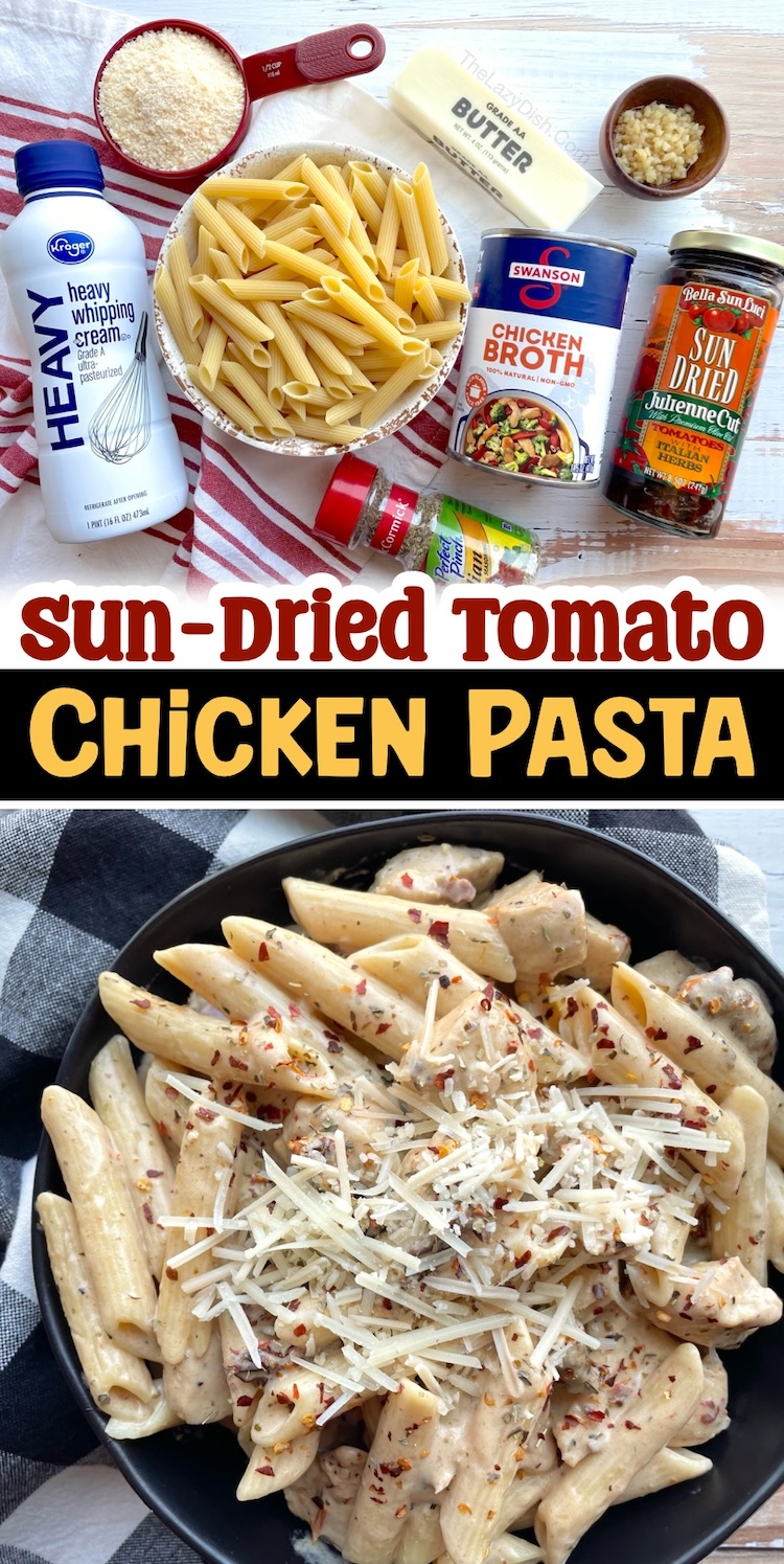 Want to impress your family for dinner tonight? Try this creamy sun dried tomato chicken pasta! It's easy to make with simple ingredients and your picky kids are going to love it. This yummy dinner recipe makes the perfect serving for a family of 6 but can also be enjoyed leftover. 