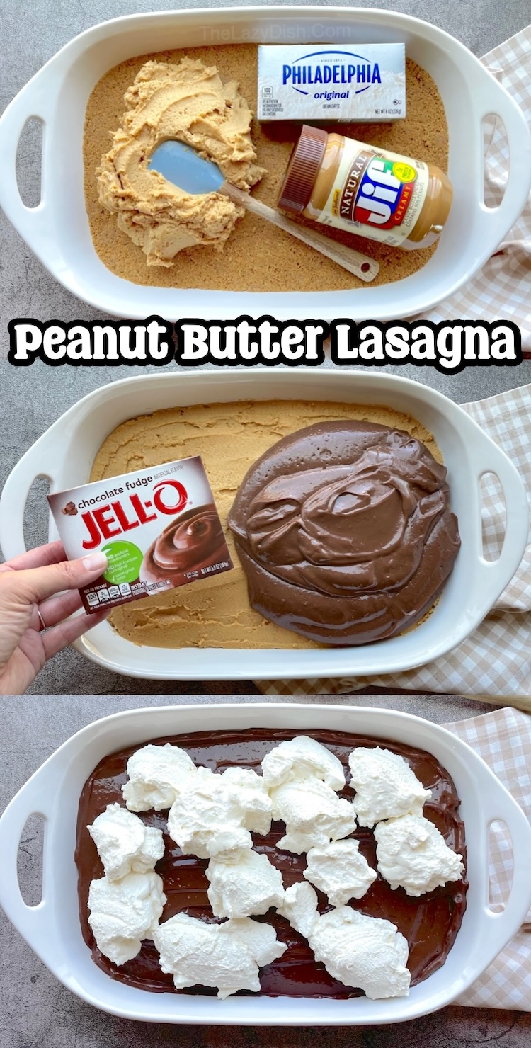 How to make peanut butter lasagna with step by step instructions and photos. A yummy dessert recipe to make for parties and more! Easy to prepare with no baking, few ingredients, and you can make it ahead of time before the party starts. Totally stress free! A real crowd pleaser to impress your friends and family. 