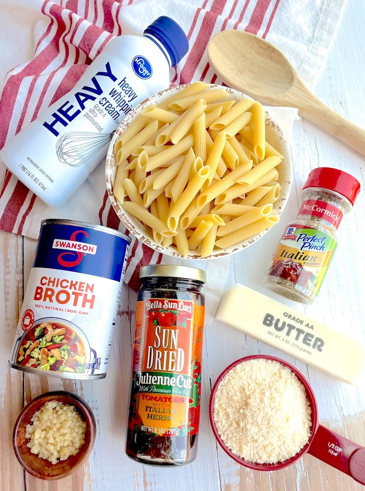 Ingredients for making a yummy creamy sun dried tomato and chicken pasta recipe. 