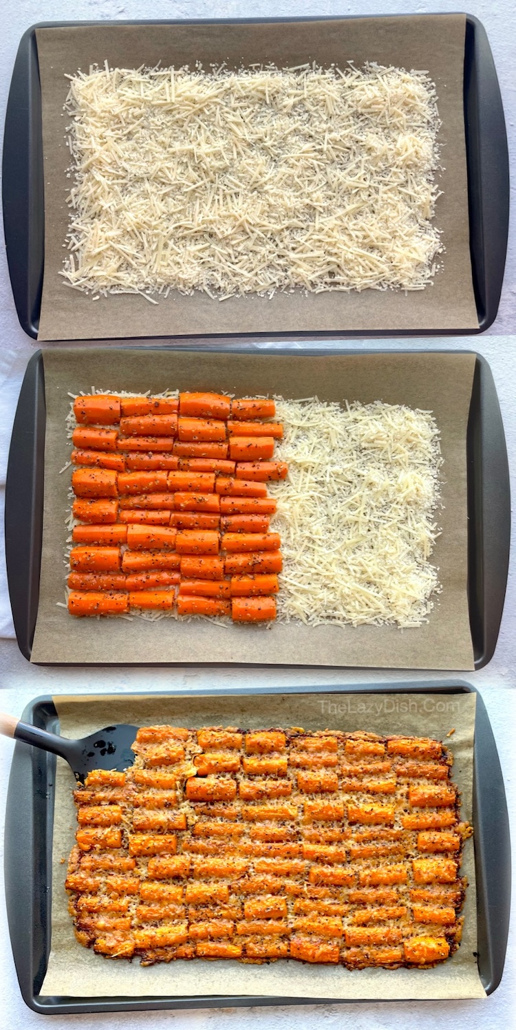 Want to make an amazing carrot side dish for dinner? Try these oven baked parmesan carrots! They are extra crispy and fun to bake on a sheet pan with shredded parmesan cheese. The most delicious side dish for dinner. Even my picky kids love them!