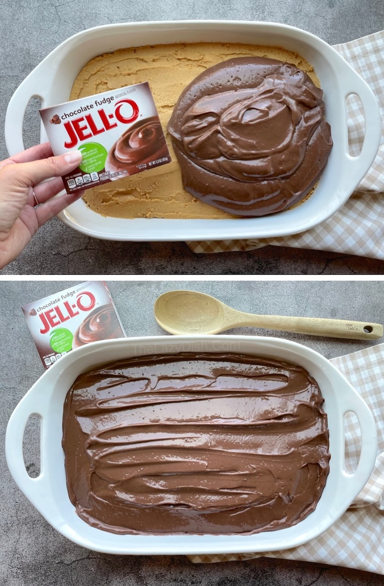 Step by step instructions with ingredients on how to make chocolate peanut butter lasagna for dessert. 