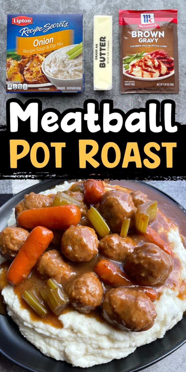 Budget friendly, quick to prepare, kid approved, and delicious! This frozen meatball pot roast is so easy to make ahead of time and amazing served over mashed potatoes. Yummy comfort food for dinner!