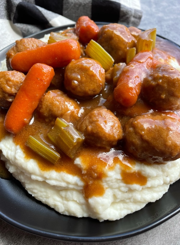 Delicious family dinner recipe made in your slow cooker with budget ingredients! This frozen meatball pot roast is easy to make, versatile, and only takes 10 minutes to prep. 