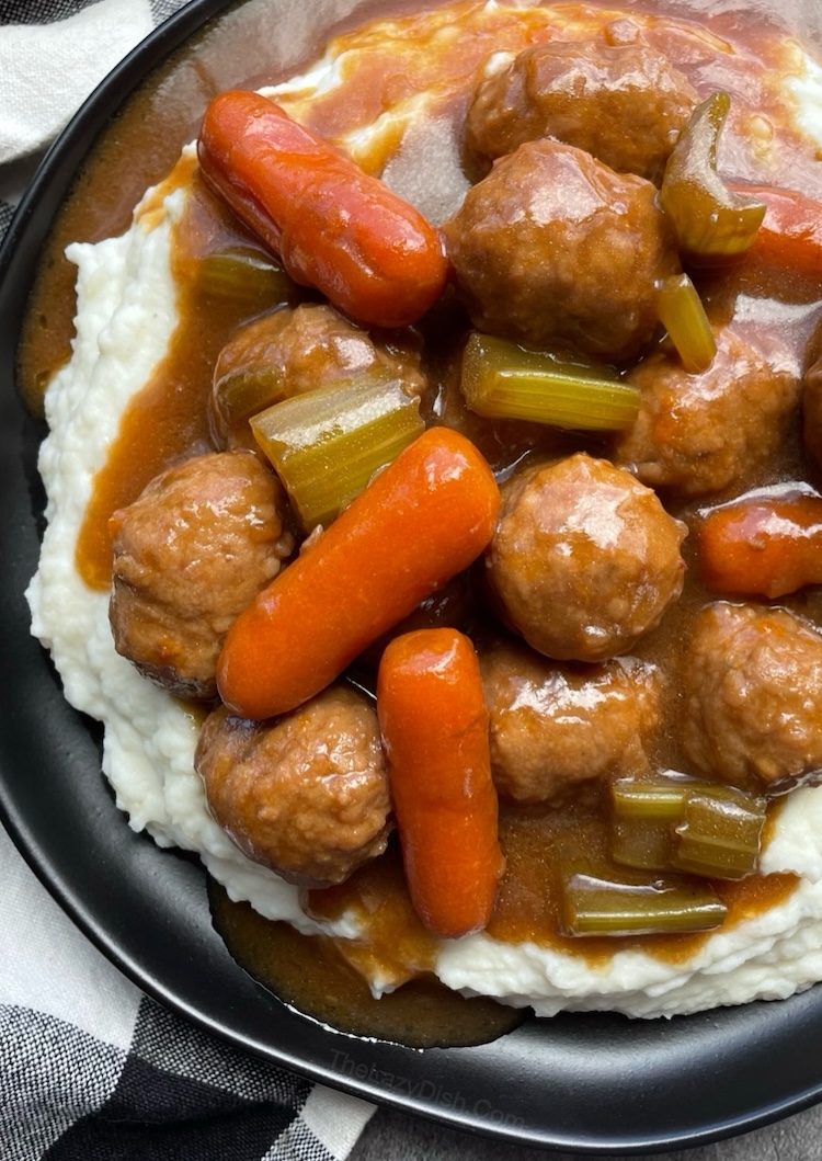 A cheap and easy dinner recipe for a large family! Your picky eaters are sure to love this fun and easy way of making pot roast with frozen meatballs. 