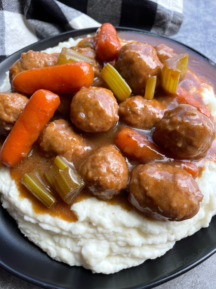 Creative dinner idea made with frozen meatballs in a crockpot to make the most delicious pot roast. 