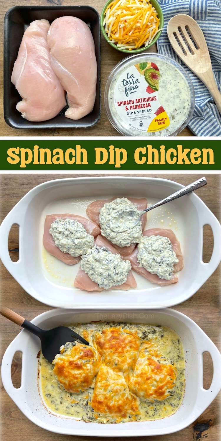 Are you looking for easy dinner ideas made with few ingredients? It doesn't get any easier than this spinach artichoke dip baked chicken! Just one dish, 3 ingredients, and 5 minutes to prep. Your picky family is going to love this ingenious way of baking chicken breasts! 