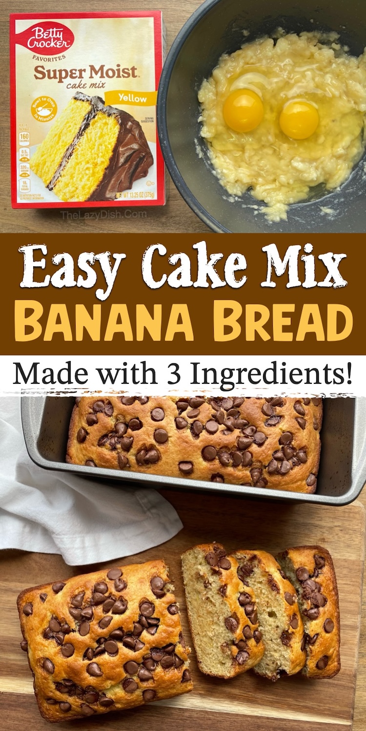 Are you searching for fun baking ideas? This easy banana bread is a fail proof recipe! It's made with just 3 common and cheap ingredients including a box of Betty Crocker cake mix, very ripe bananas, and eggs. It's a yummy sweet treat for breakfast, dessert, and snacking. Bring the extra loaf to work or give it away as a gift to family and friends. My kids love it!