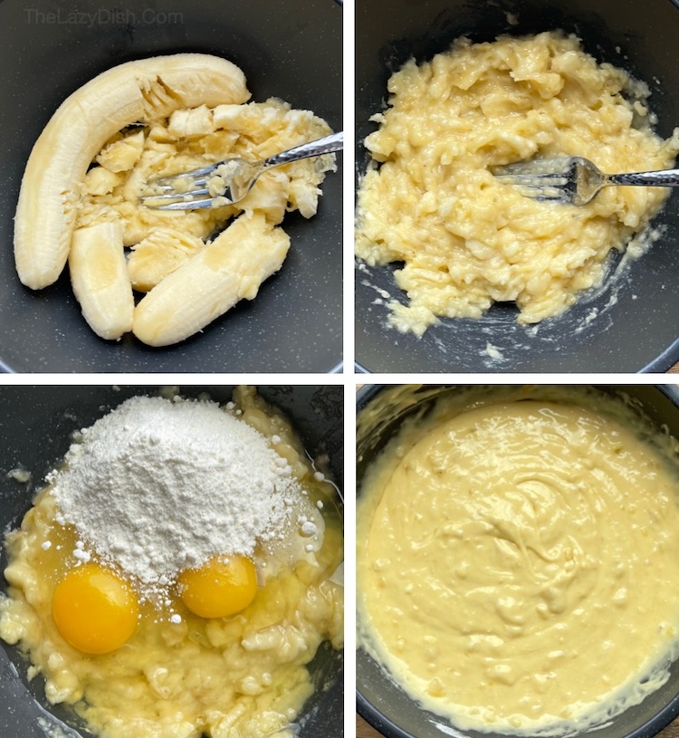 Step by step instructions with pictures on how to make banana bread with a box of store bought cake mix. 