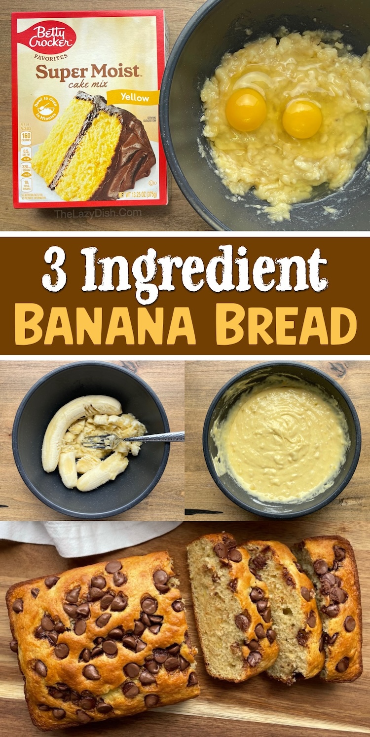 How to make delicious banana bread at home with just 3 ingredients: a box of yellow cake mix, ripe bananas, and eggs. So easy and yummy! A family favorite treat for snacking or breakfast. You can also make this quick and easy recipe with chocolate chips or nuts. It makes two loaves of bread!