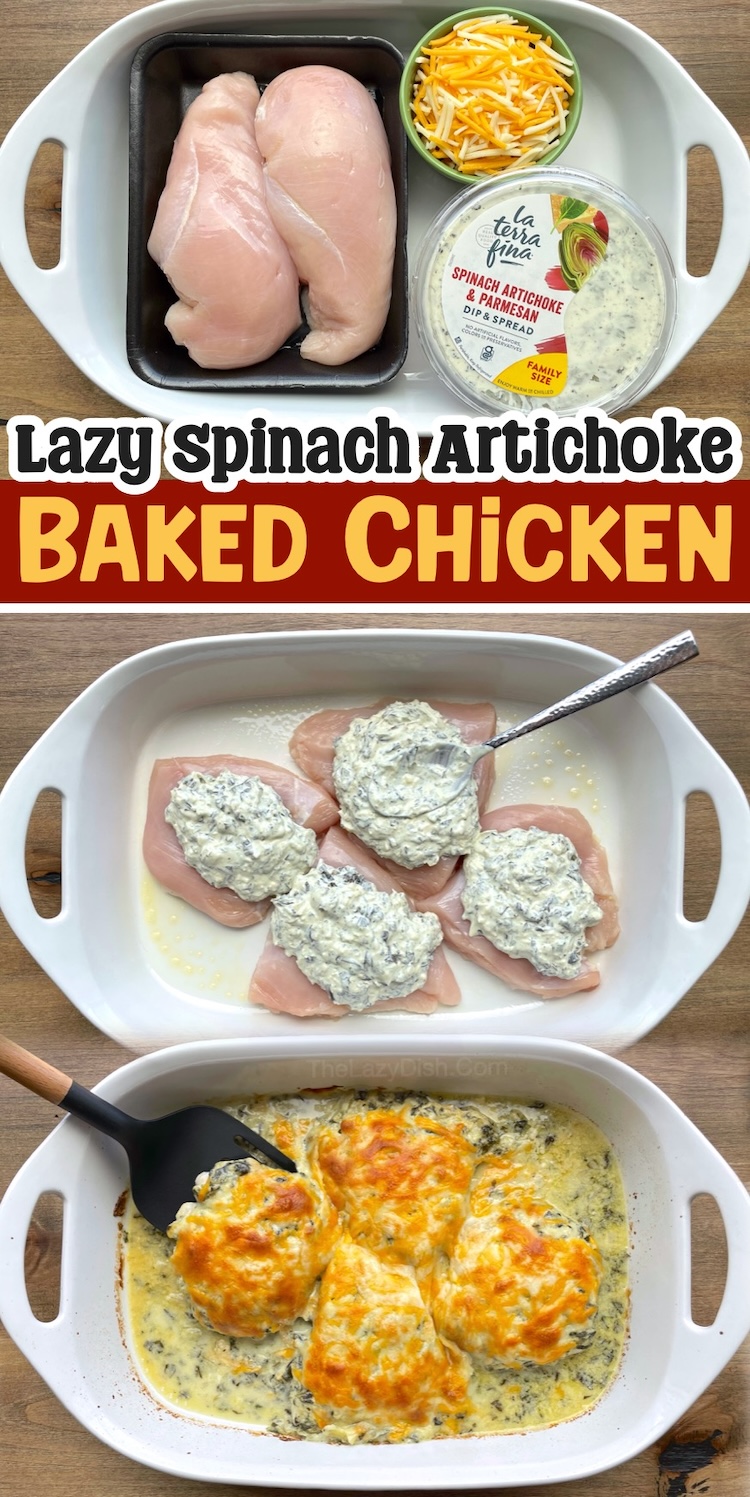 Looking for super easy dinner ideas to make for your family? This amazing cheesy baked chicken is so simple and fast to prepare with just 3 ingredients! Grab some chicken breasts, a container of spinach dip, and some shredded cheese. Dinner has never been easier than this! So delicious and naturally low carb. My picky eaters can't get enough of it. 