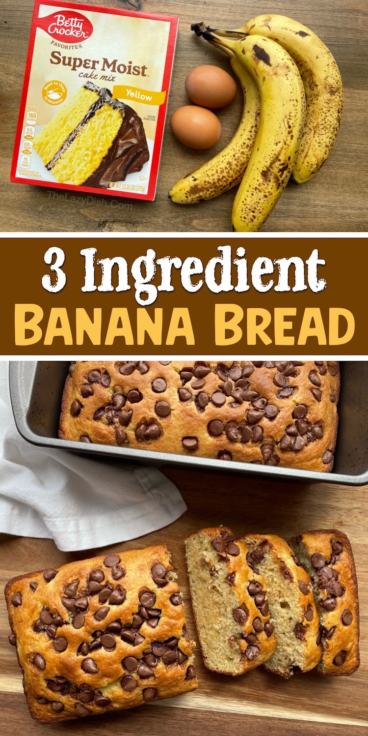 Looking for fun baking recipes to use up your ripe bananas? Try this cake mix banana bread! It's made with just 3 simple ingredients and turns out super moist and yummy every time. You can customize this banana bread recipe with the cake mix of your choice (yellow, spice, white, or chocolate) along with some fun mix-ins such as chocolate chips or walnuts. 