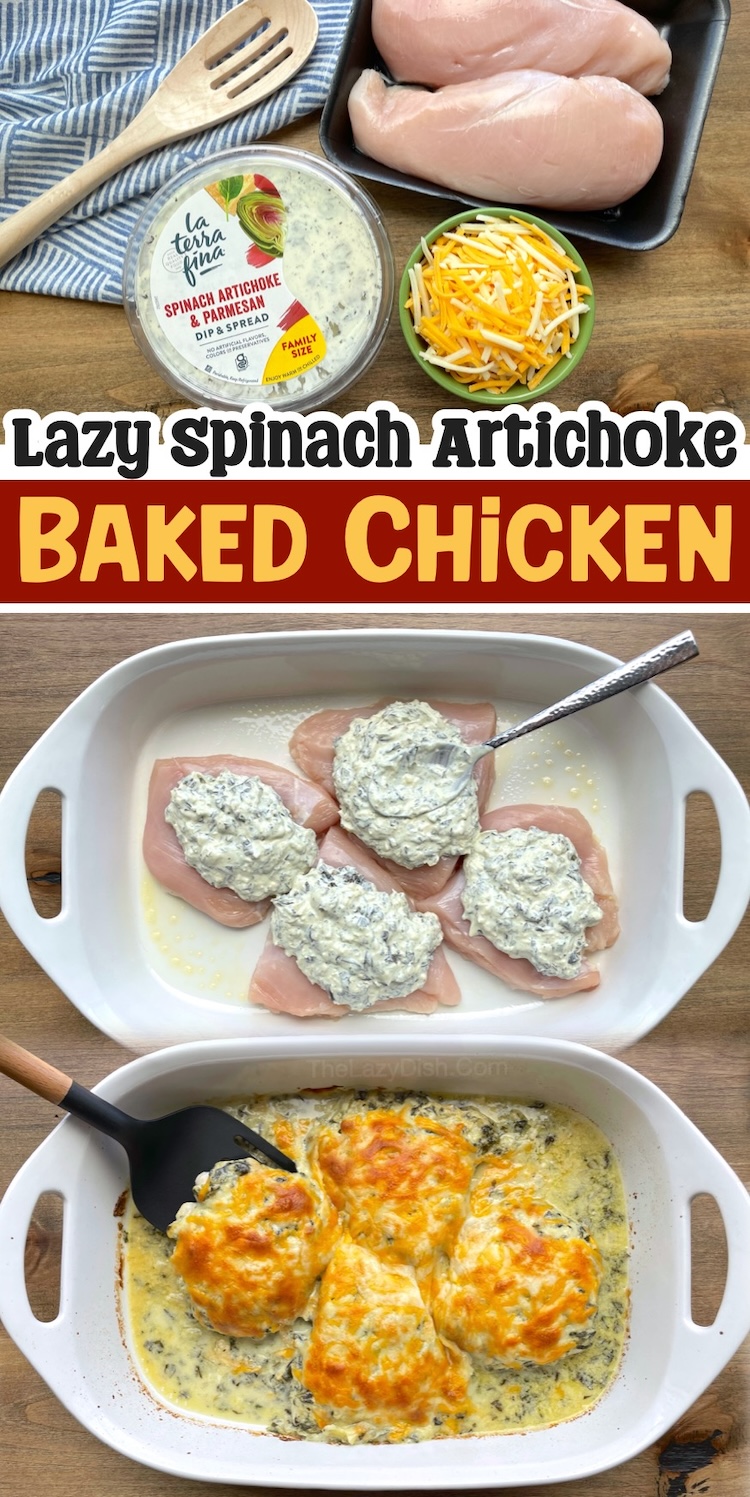 A quick and easy way to make cheesy baked chicken breasts for dinner! Simply top with a store bought container of any cream cheese baked dip along with shredded cheese. Bake any you're done! A family favorite meal for busy school nights. My picky kids love this lazy day recipe. 