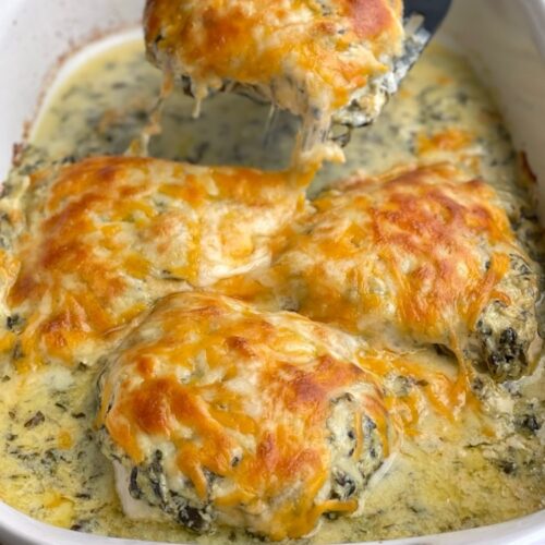 Yummy way to bake chicken with a tub of store bought spinach artichoke dip!