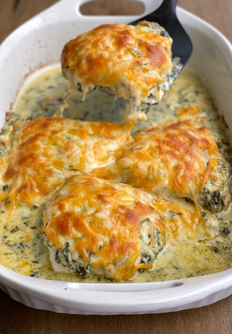 Yummy way to bake chicken with a tub of store bought spinach artichoke dip!