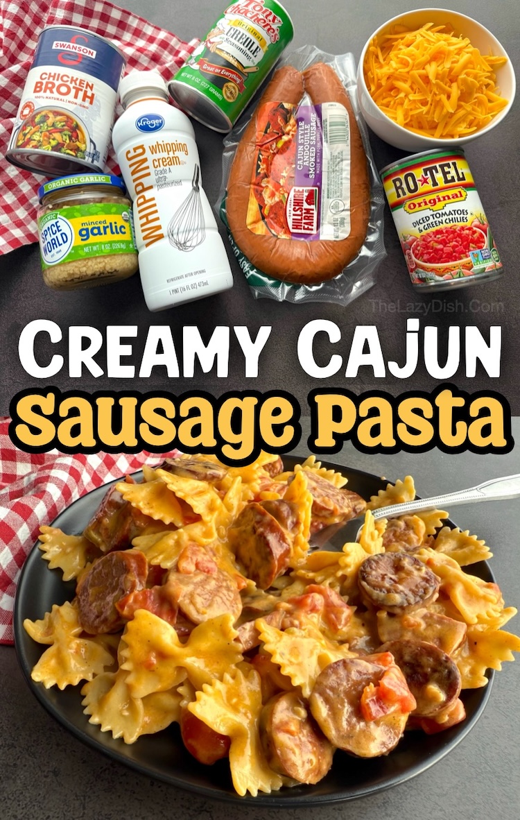 Yummy comfort food you can whip together in less than 30 minutes! This one pot pasta is made with cajun sausage adding a ton of spice and flavor. The perfect serving for a family of 4 made with just a few cheap ingredients. Great leftover for lunches and dinner!