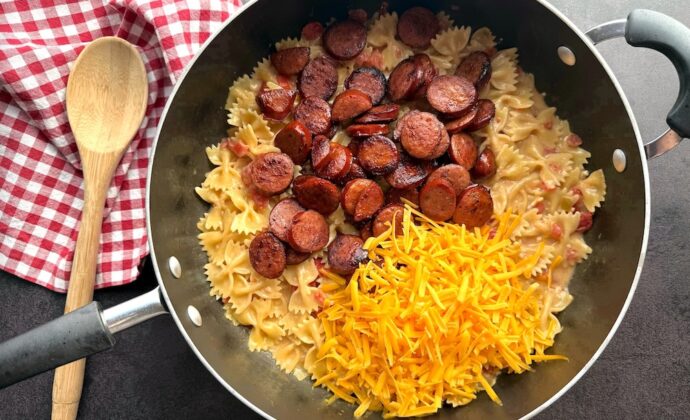 An easy one pot pasta dinner recipe made with cajun sausage.