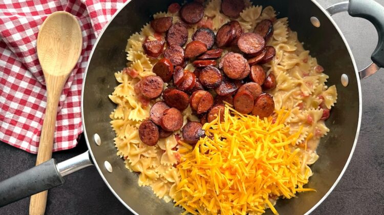 An easy one pot pasta dinner recipe made with cajun sausage.