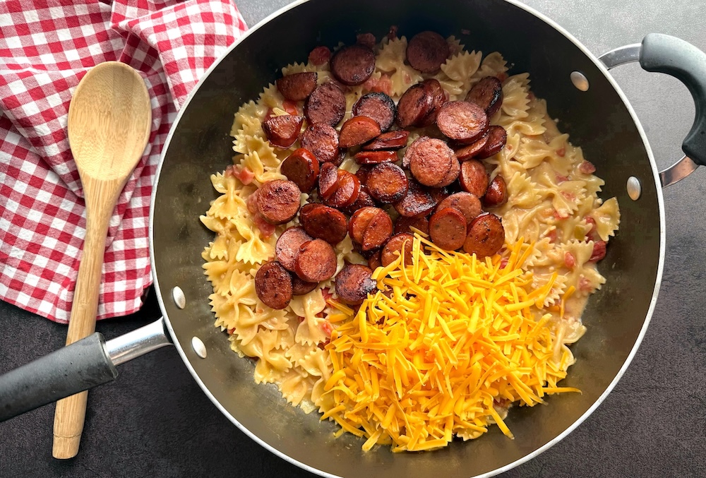 An easy one pot pasta dinner recipe made with cajun sausage.