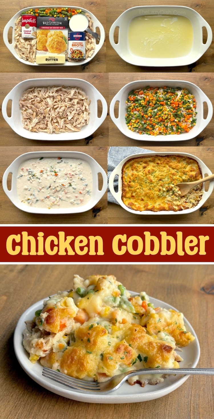 If you're looking for easy budget friendly dinner casseroles to make for your family, your picky kids are going to love this chicken cobbler made with a box of Red Lobster Cheddar Bay Biscuit Mix! It's perfect for feeding a large family and so quick to prepare with just a few cheap ingredients. Simply layer and bake! I use rotisserie chicken but any chicken can be used for this quick and easy dinner recipe. 