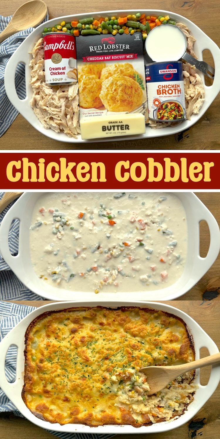 This yummy chicken casserole is the best comfort food for your picky eaters! A layer of rotisserie chicken, butter, frozen veggies, Red Lobster cheddar biscuit mix, chicken broth, and soup to make a creamy and delicious dinner casserole that's quick to prepare with cheap ingredients. Great for feeding a large family with kids! 