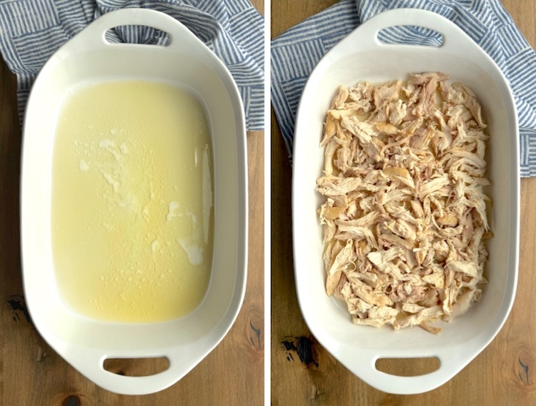 Step on of making chicken cobbler. Melt the butter on the bottom of a large baking dish and top with shredded chicken. 