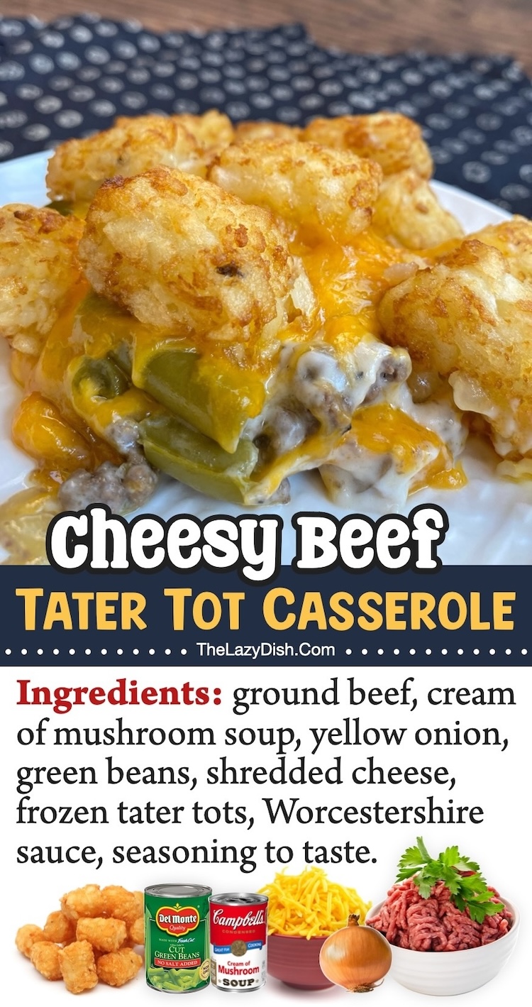 Cheesy Ground Beef Tater Tot Casserole | It doesn't get any more fun than a yummy casserole topped with crispy tater tots! This yummy comfort food is great for the entire family, plus it's cheap to make with just a few budget ingredients. 